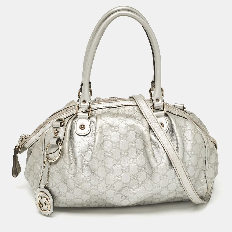 Handle bags with modern cutouts for style -Gucci Silver Guccissima Leather Sukey Satchel