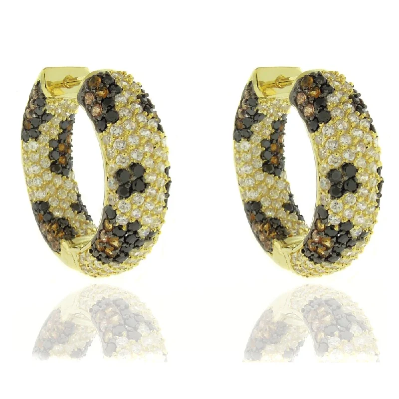 Contemporary Drop Earrings for Fashion -Dolce Giavonna Silver Overlay Cubic Zirconia Leopard Print Hoop Earrings