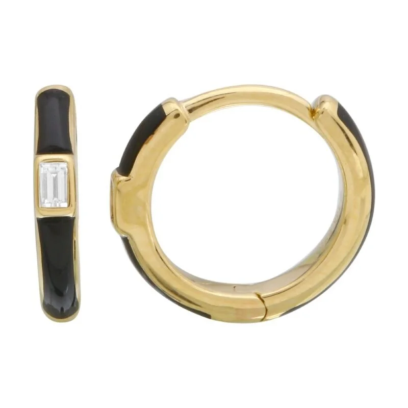 Drop Earrings with Crown Designs -Joelle Collection Diamond & Onyx Enamel Huggie Hoop Earrings 14K Yellow Gold