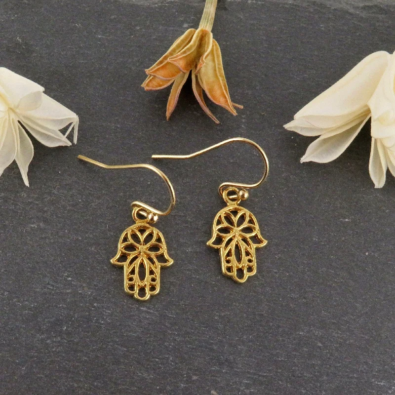 Rhinestone Drop Earrings for Sparkle -Gold Floral Hamsa Earrings