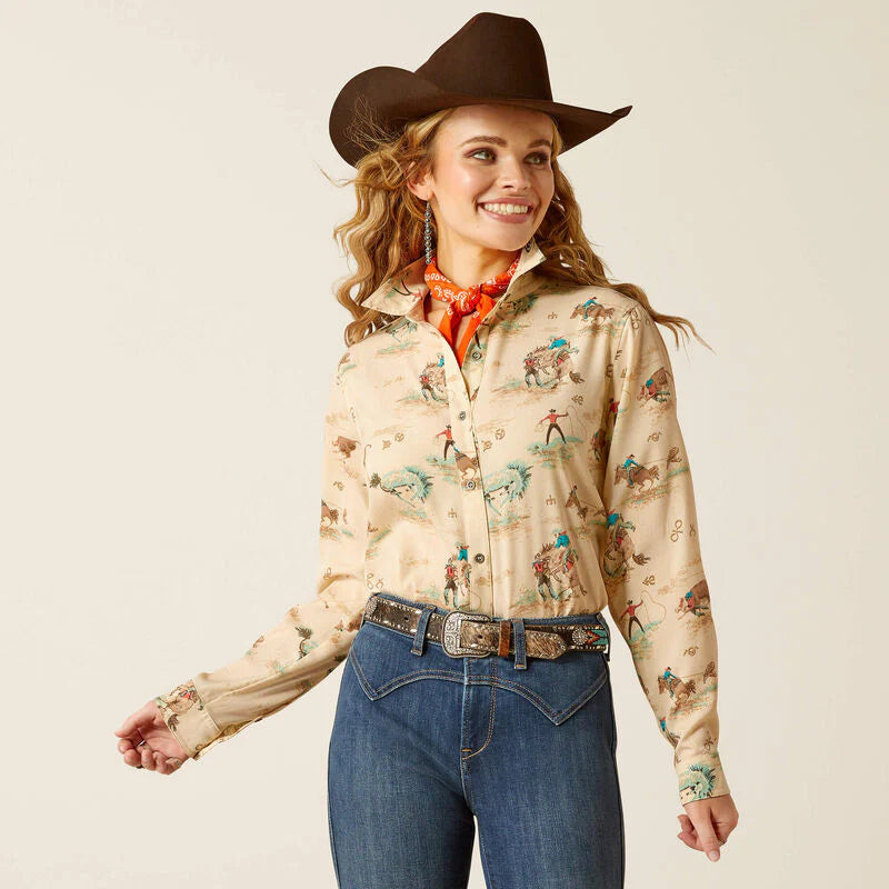 Printed Blouses with Patterns -Ariat Women's Homestyle L/S Western Button Down Shirt in Cream Retro Ranch