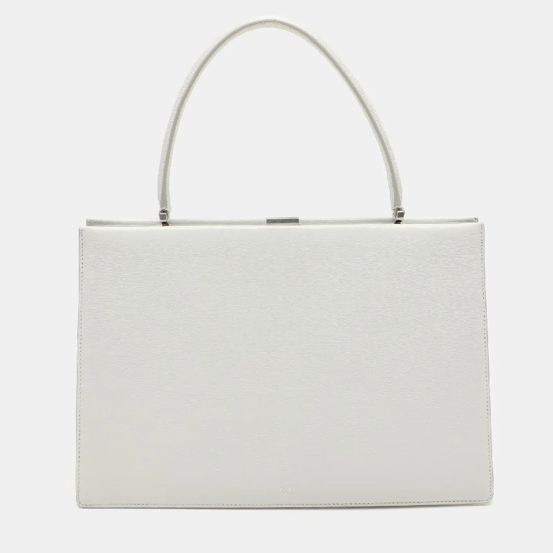 Handle bags with chevron designs for trend -Celine White Leather Medium Clasp Top Handle Bag