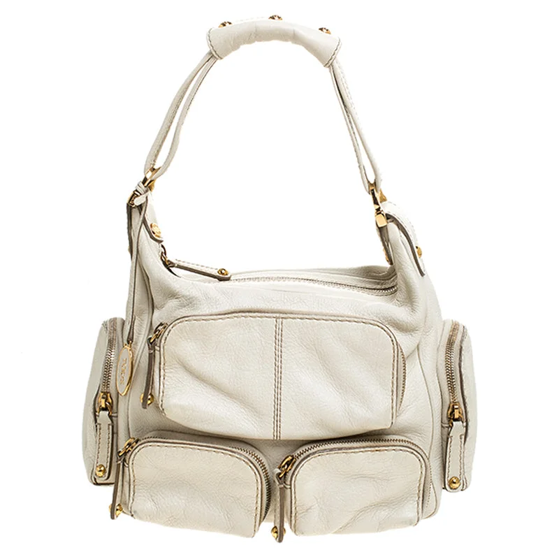 Handle bags with bold stripes for trendiness -Tod's Cream Leather Zipped Pockets Satchel