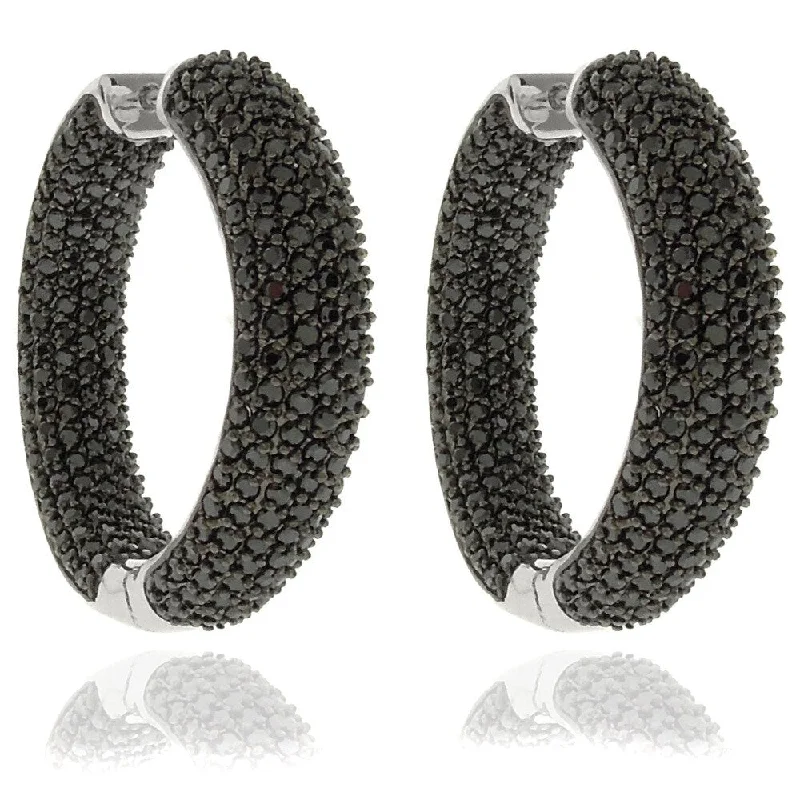 Drop Earrings for Party Look -Dolce Giavonna Silverplated Black Cubic Zirconia Hoop Earrings