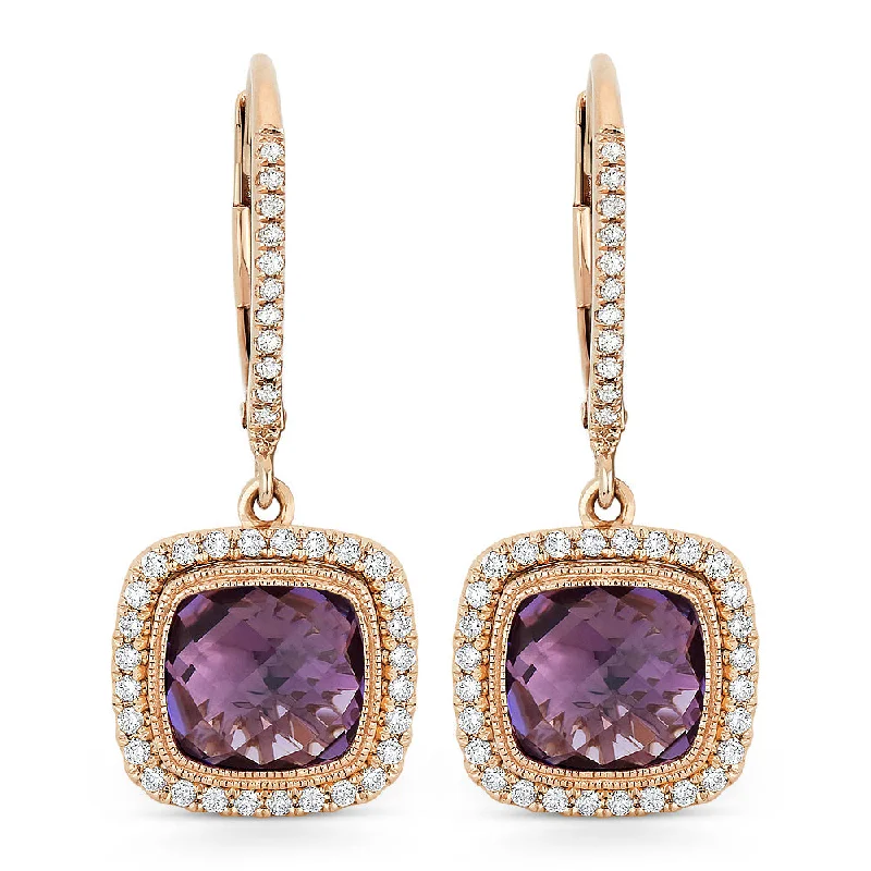 Drop Earrings with Embossed Patterns -7Mm 3.09Ct Amethyst Drop/dangle Earrings In 14K Rose Gold