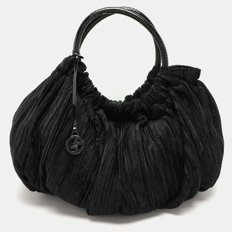 Foldable handle bags for easy storage convenience -Giorgio Armani Black Jacquard Fabric Pleated Hobo