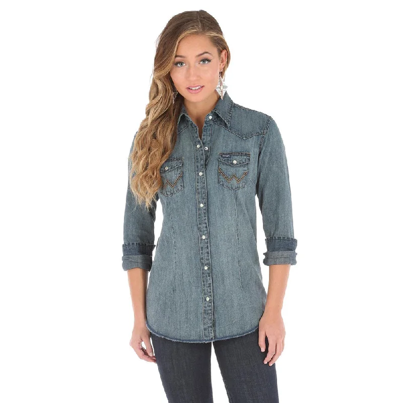 Off Shoulder Blouses for Sexy -Wrangler Womens Long Sleeve Denim Snap Shirt - LW3039D