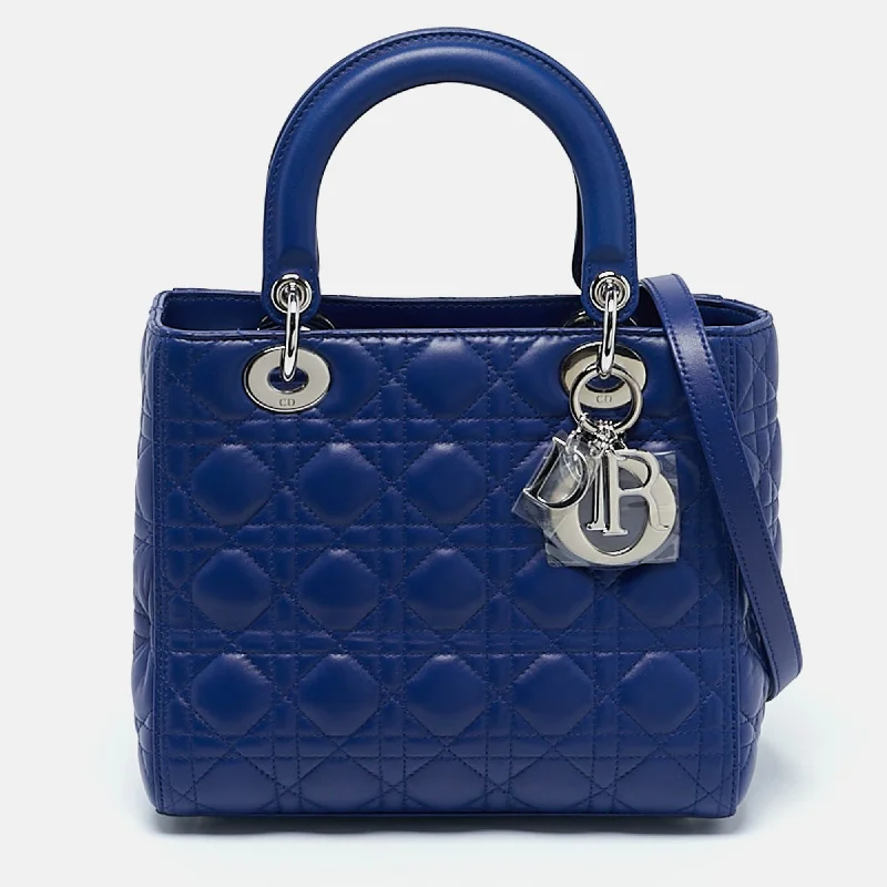 Handle bags with metallic finishes for shine -Dior Blue Cannage Leather Medium Lady Dior Tote