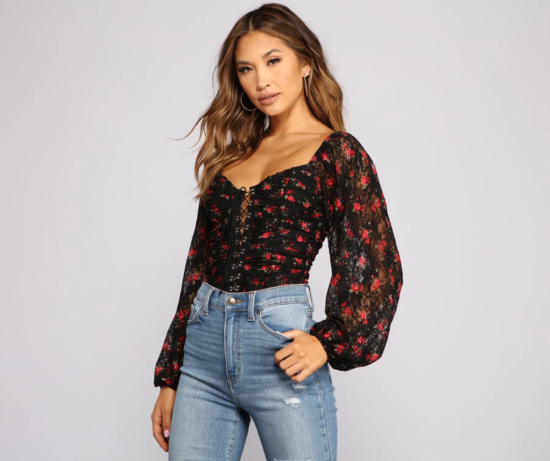 Warm tight sweater top for women with soft knit and cozy feel-Floral Passion Lace-Up Bodysuit