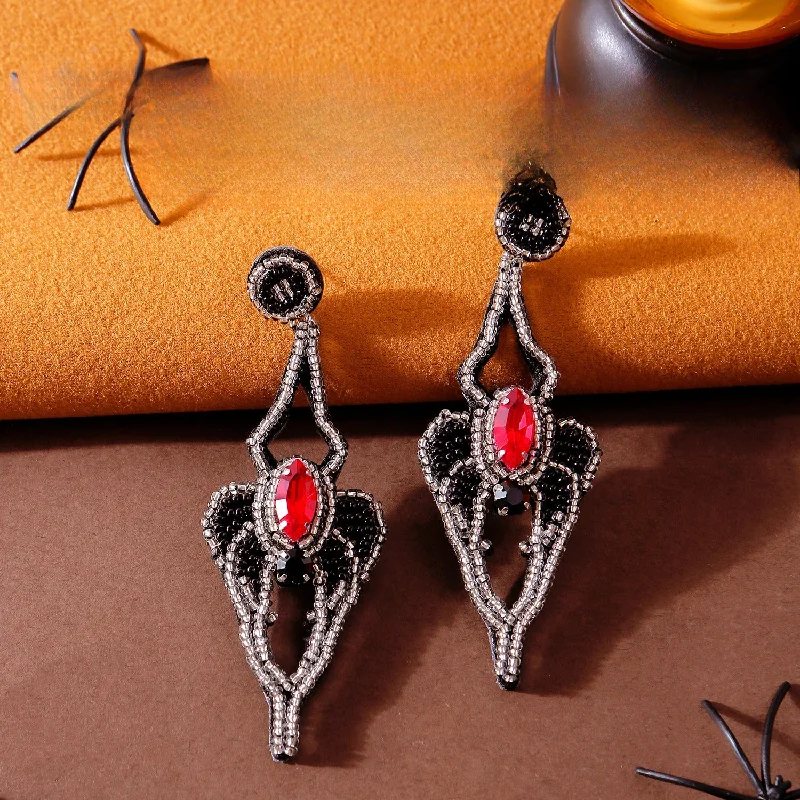 Drop Earrings with Hammered Finish -Wholesale Halloween Gothic Spider Rice Bead Earrings