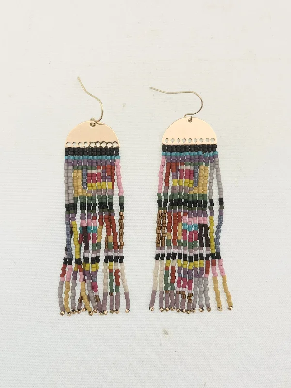 Ethnic Drop Earrings with Tribal Design -Log Cabin Quilt Fringe Earrings