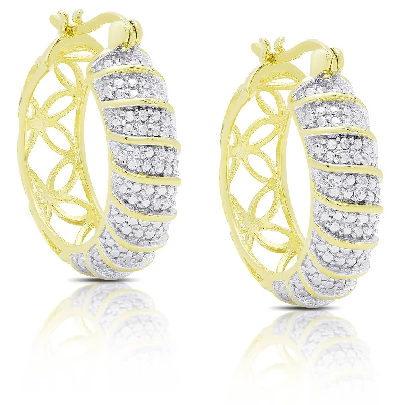 Drop Earrings with Debossed Designs -Finesque Gold Over Silver Diamond Accent Stripe Design Hoop Earrings