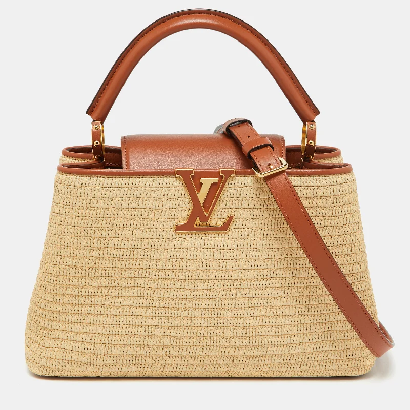 Handle bags with side pockets for organization -Louis Vuitton Raffia And Leather Trim Capucines Mm Bag