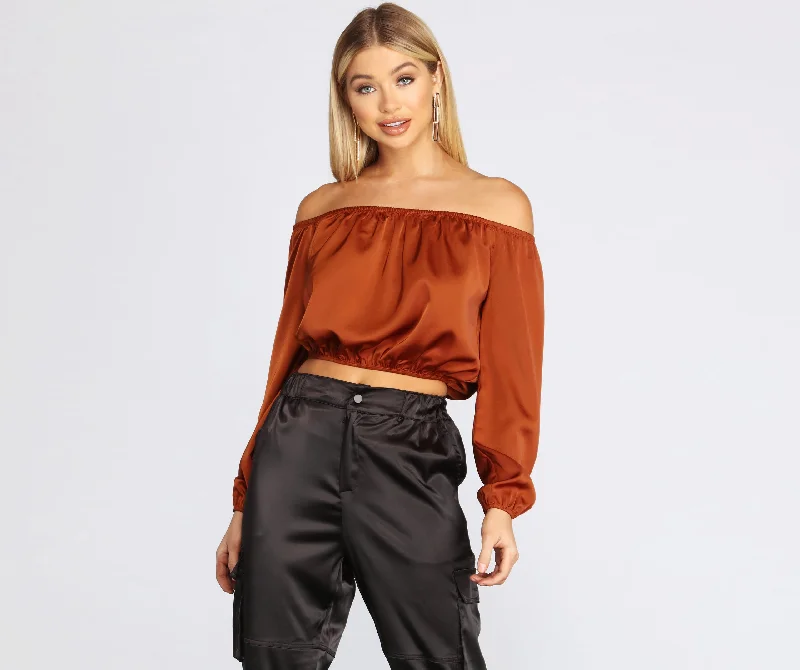 Detachable Blouses with Parts -She's A Romantic Satin Off-Shoulder Blouse