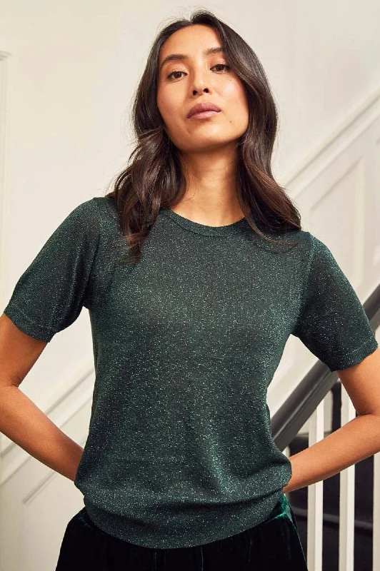 Striped Blouses for Fashionable -Metallic Knit T-Shirt | Emerald/Green