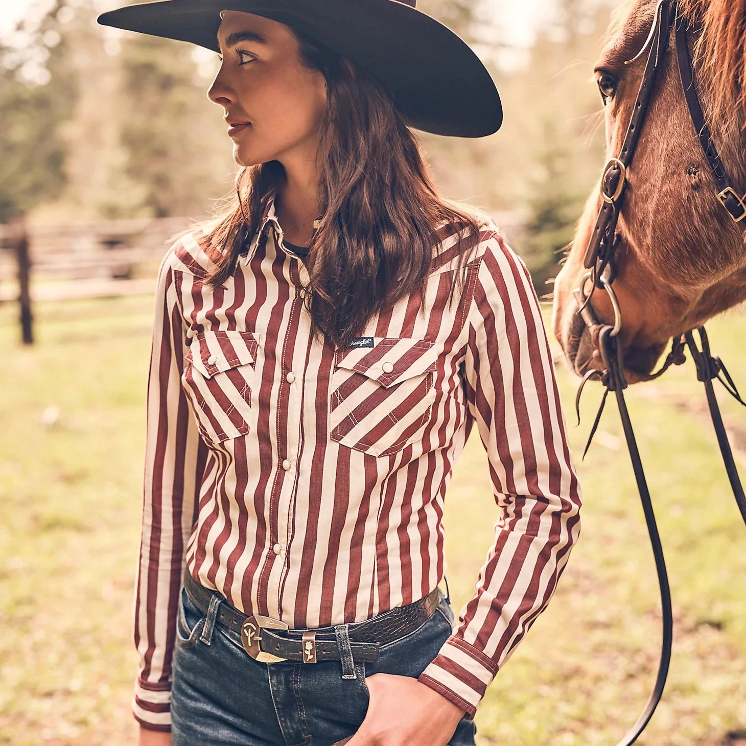 Casual Shirts for Everyday -Wrangler Retro Women's L/S All Occasion Western Snap Shirt in Burgundy Stripe