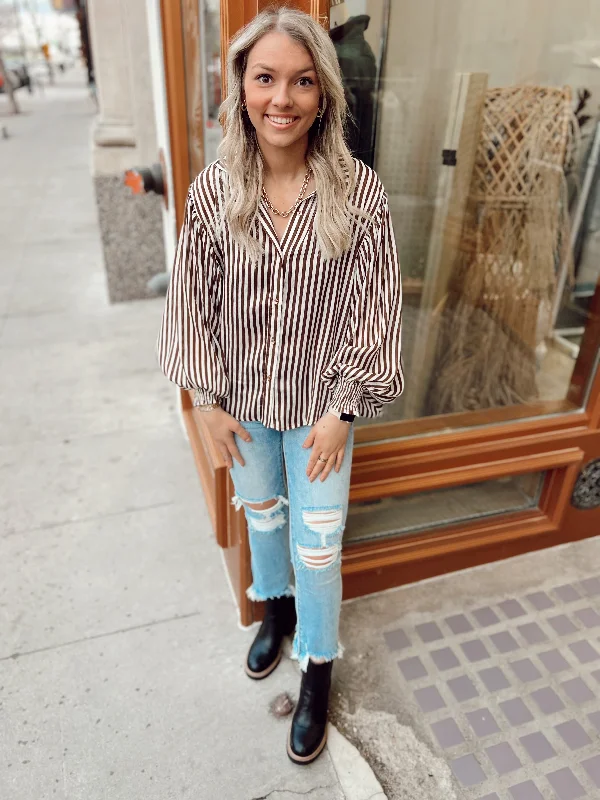 Button Down Blouses for Casual -Brown Striped Bubble Sleeve Blouse Top-Final Sale