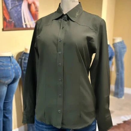 Retro Blouses for Throwback -CC Western Women's Signature L/S Solid Western Snap Shirt in Olive