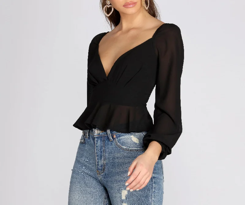 Hippie Blouses with Beads -Wrap Front Peplum Chiffon Blouse