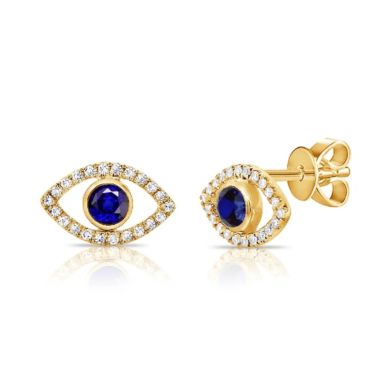 Floral Drop Earrings with Petals -Joelle Collection Diamond & Blue Sapphire Evil Eye Studs Earrings 14K Gold 1/10 ct.