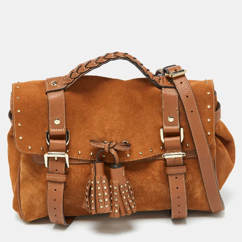 Small handle bags perfect for quick trips -Mulberry Brown Nubuck And Leather Studded Tassel Alexa Satchel