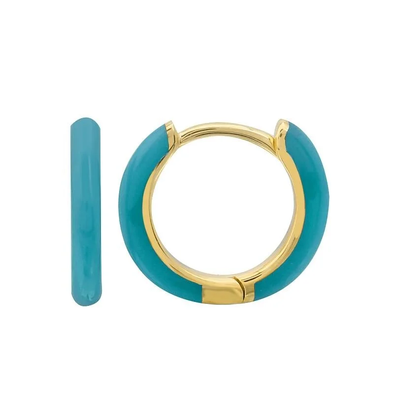 Drop Earrings for Office Wear -Joelle Collection Turquoise Enamel Huggie Hoop Earrings 14K Yellow Gold 10MM