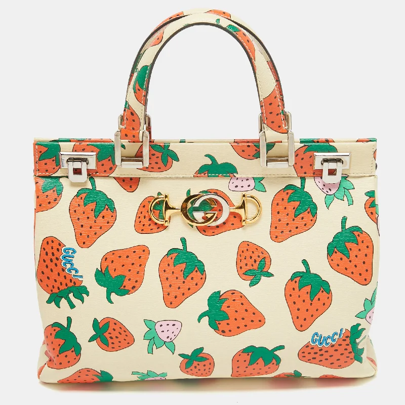 Large handle bags with spacious interior compartments -Gucci Multicolor Strawberry Print Leather Medium Zumi Tote