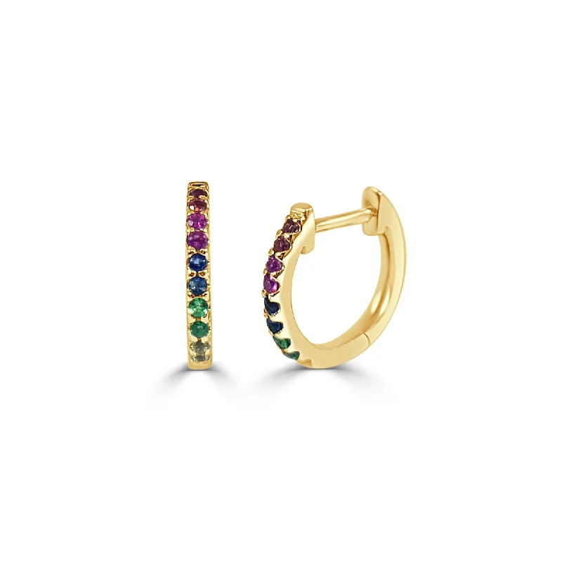 Bohemian Drop Earrings with Tassels -Joelle Collection Multi Sapphire Huggie Earring - 14K Gold Earrings U-Shaped Hoops With Rainbow Sapphires