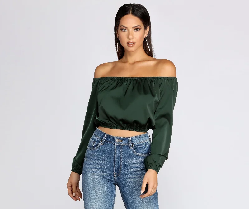 Adjustable Blouses for Fit -She's A Romantic Satin Off-Shoulder Blouse