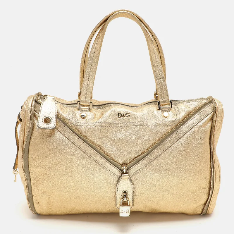 Handle bags with vintage clasps for nostalgia -D&g Gold Leather Vilma Top Zip Satchel