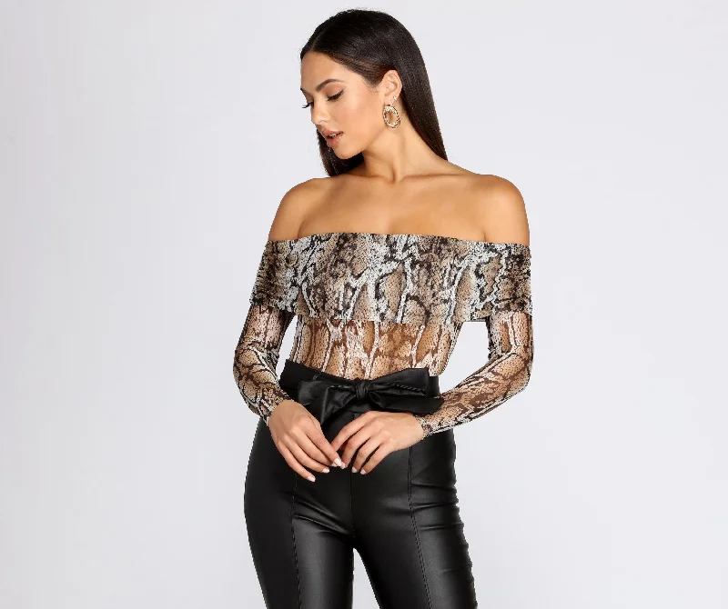 Tight off-shoulder knit top for women with cozy feel and stylish look-Forever Fierce Mesh Off Shoulder Bodysuit