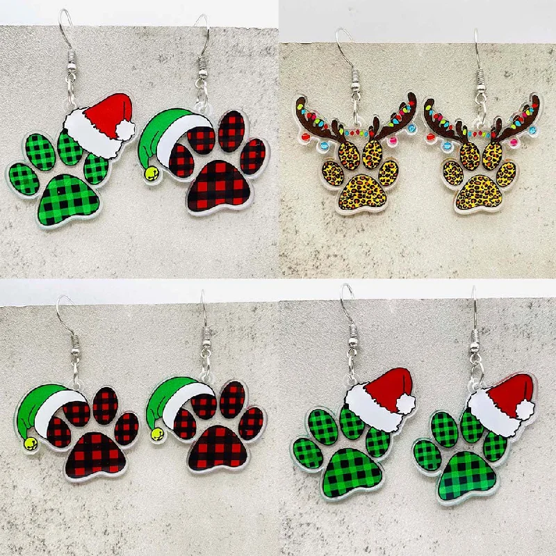 Drop Earrings for Travel Look -Wholesale Christmas Green Red Plaid Cat's Paw Leopard Print Elk Acrylic Earrings