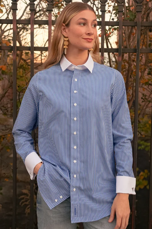 Linen Blouses for Breathable -Lauren Boyfriend Shirt - Blue Stripe