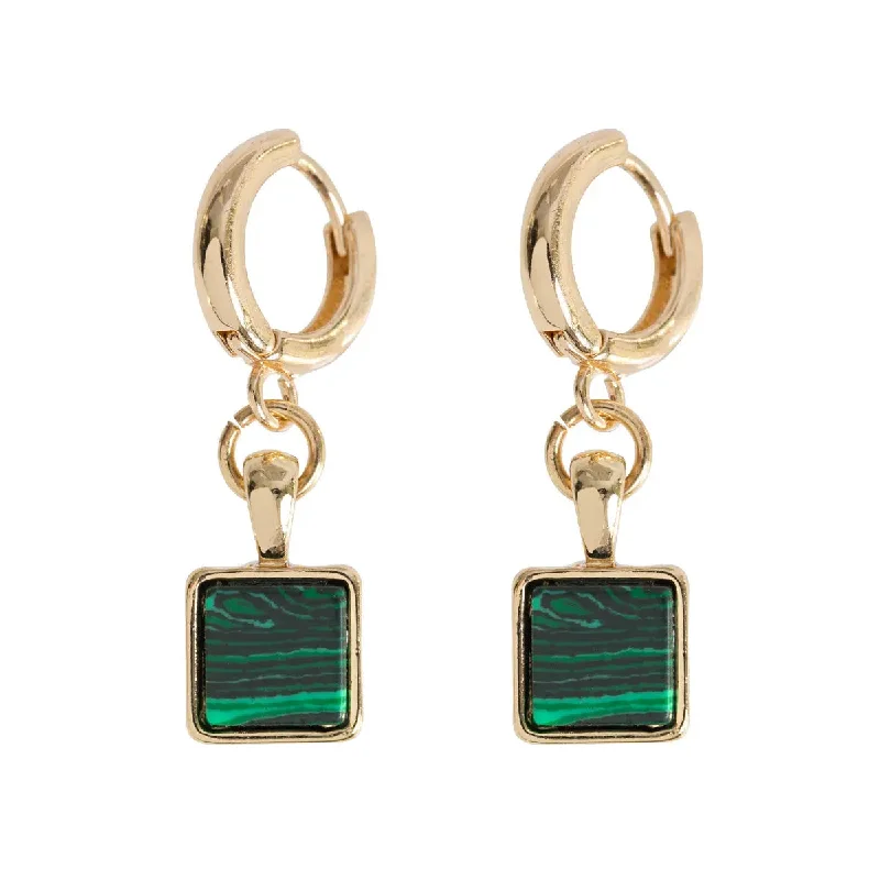 Rhinestone Drop Earrings for Sparkle -Green Malachite Stone Hoop Earrings