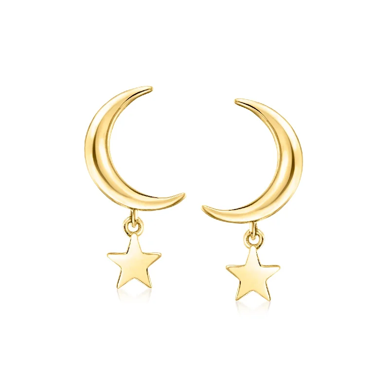 Drop Earrings with Star Motifs -Canaria Italian 10kt Yellow Gold Moon and Star Earrings