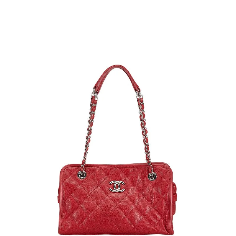 Handle bags with bright accents for pop -Chanel Caviar Matelasse Chain Shoulder Bag Red