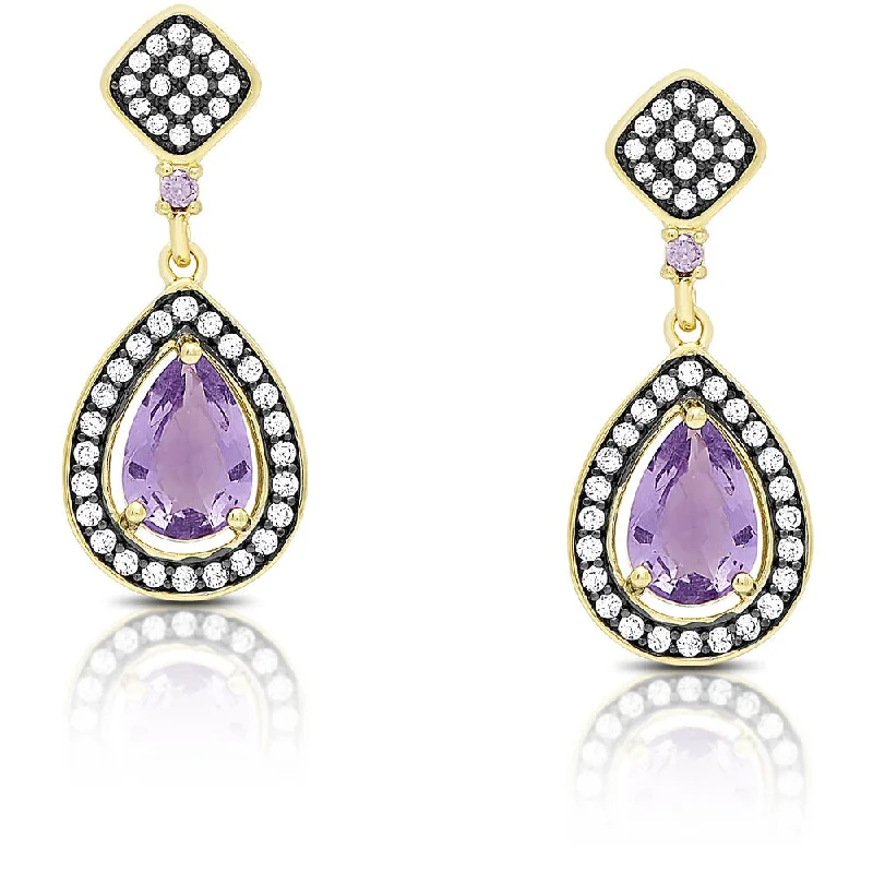 Drop Earrings with Polished Shine -Samantha Stone Gold Over Sterling Silver Cubic Zirconia and Simulated Amethyst Teardrop Earrings