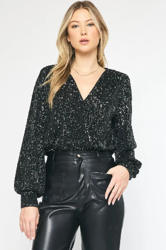 Form-fitting tight top for women with stretchable material and chic design-Irresistible Glam Black Sequin Bodysuit