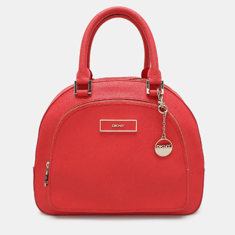 Handle bags with zipper tops for security -Dkny Red Leather Front Dome Satchel