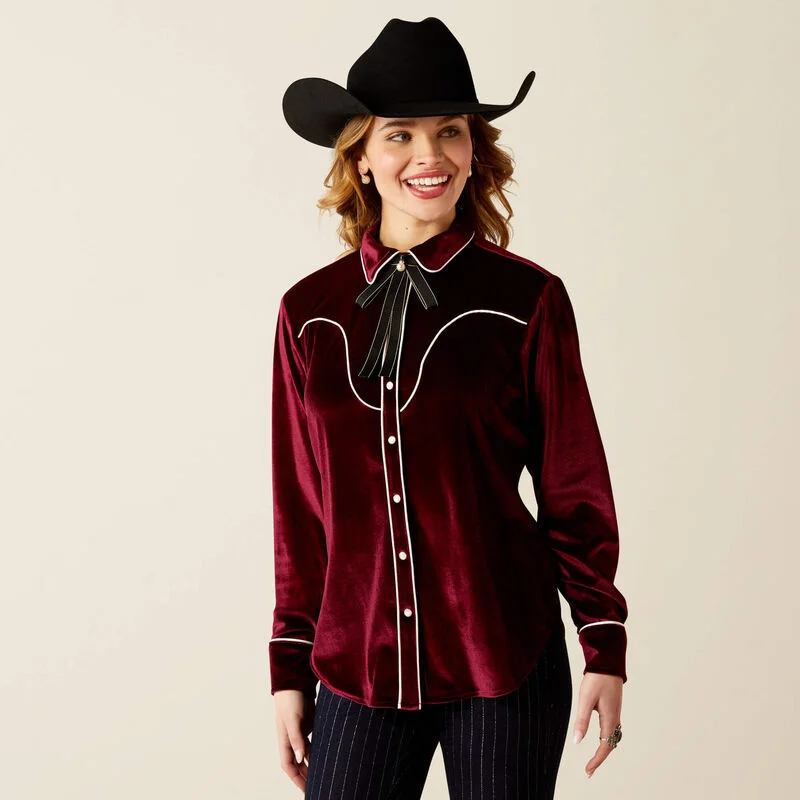 Formal Blouses for Business -Ariat Women's Casa Rosa L/S Western Snap Shirt in Burgundy Velvet