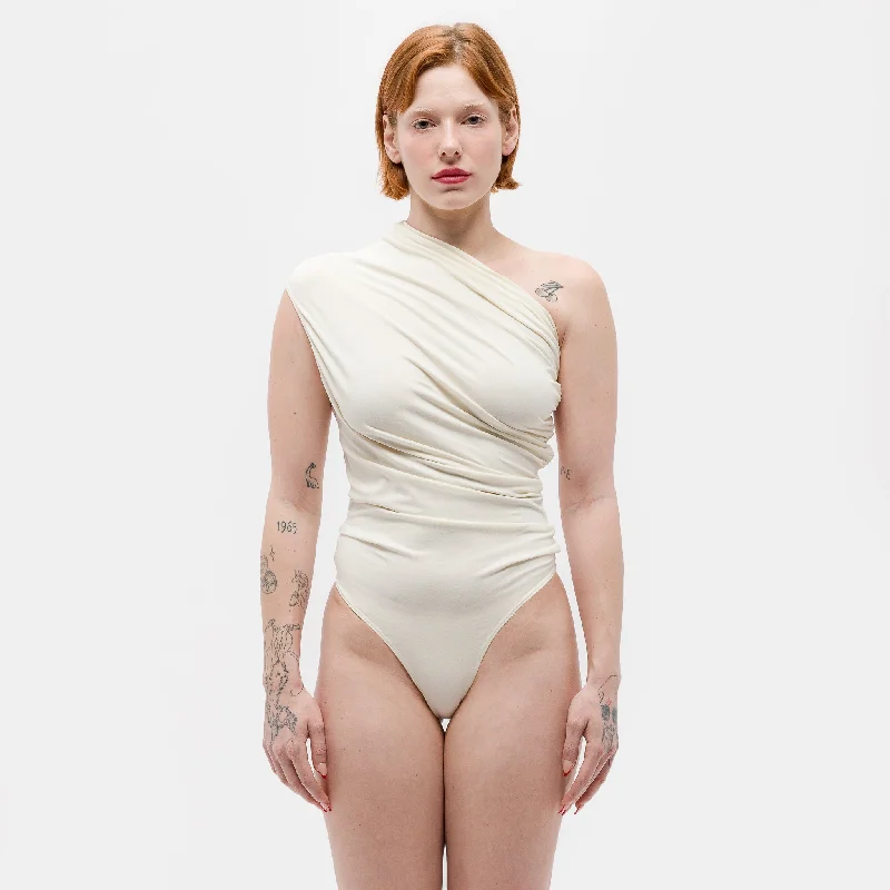 Form-fitting tight top for women with stretchable material and chic design-Pillar Bodysuit in Off-White