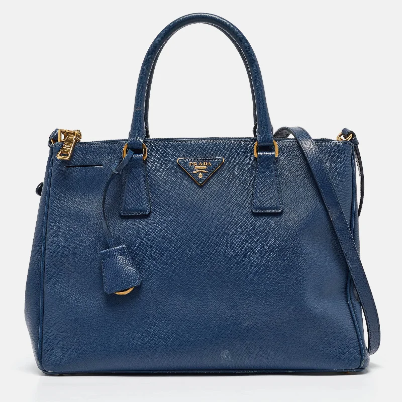 Handle bags with bold checks for trend -Prada Blue Saffiano Lux Leather Medium Double Zip Tote