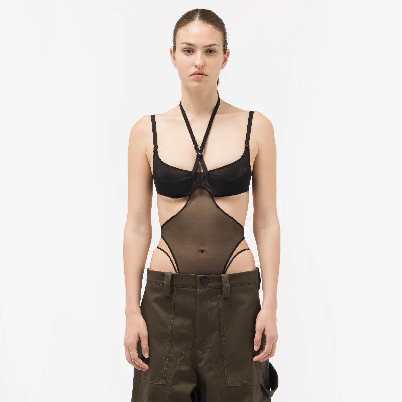 Tight crop top for women with high-waisted pants and stylish look-Sheer Cutout Panel Bodysuit in Black/Black