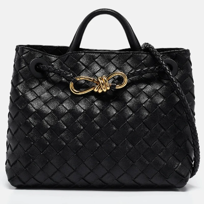 Handle bags with tropical prints for summer -Bottega Veneta Black Intrecciato Leather Small Andiamo Top Handle Bag