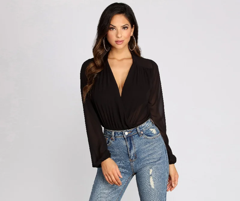 Tight long-sleeve blouse for women with flowy fabric and fitted cuffs-Sheer Thing Mesh Bodysuit