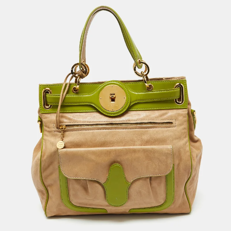 Handle bags with bold checks for trend -Balenciaga Beige/green Leather Lune Tote