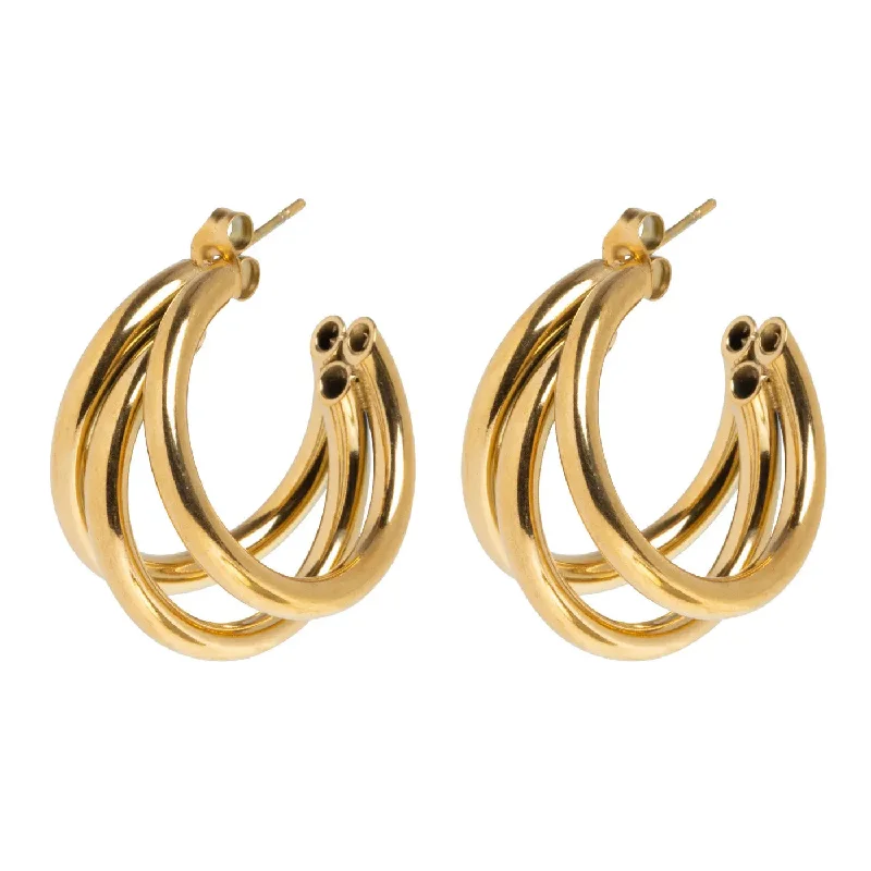 Push Back Drop Earrings for Convenience -Freja - Triple Lined Chunky Hoop Earrings Stainless Steel