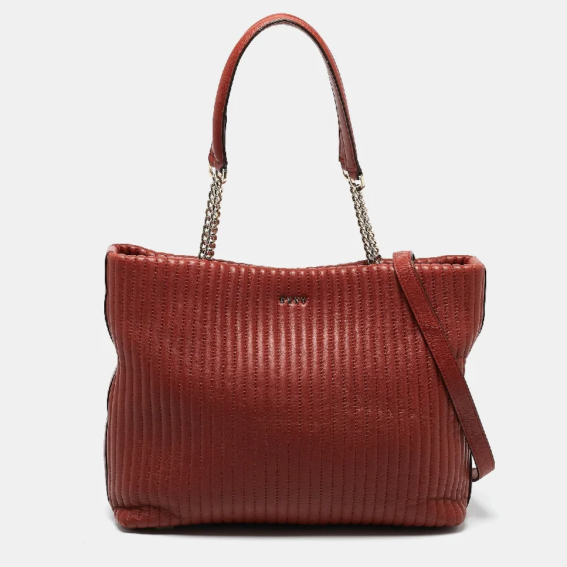 Vegan leather handle bags for eco-friendly chic -Dkny Brick Red Leather Pinstripe Gansevoort Tote