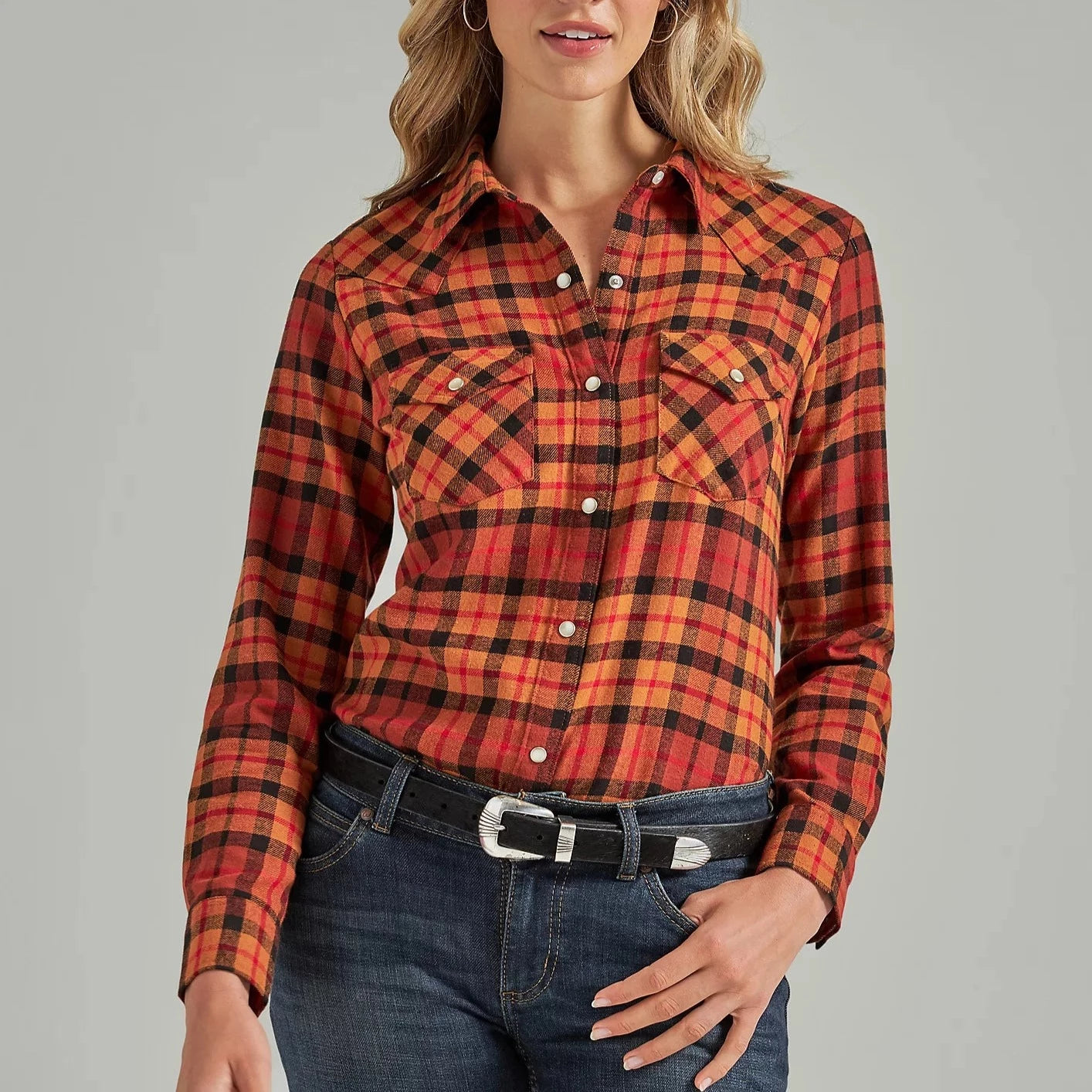 Short Sleeve Blouses for Summer -Wrangler Women's Long Sleeve Plaid Flannel Western Snap Shirt in Adobe