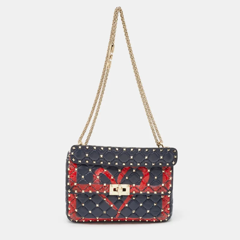 Handle bags with colorful handles for flair -Valentino Blue/red Quilted Leather Medium Rockstud Spike Heart Top Handle Bag